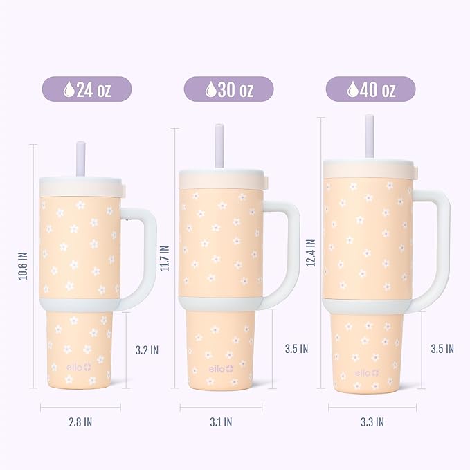 Ello Oasis 30 oz Tumbler with Handle & Retracting Straw | Reusable Insulated Stainless Steel Cup 100% Leakproof, Gifts for Teens Women Men | Keeps cold for 24 Hours, Cup Holder Friendly, Daisies