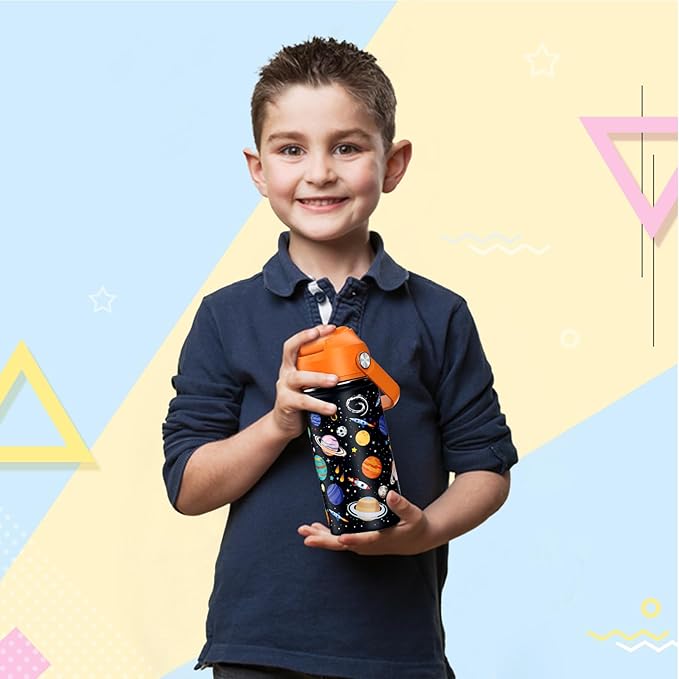 14oz Kids Insulated Water Bottle with Straw Lid - 18/8 Stainless Steel Kid Cup Travel Tumbler Double Wall Vacuum Leak Proof Portable Toddler Water Bottle (Space)