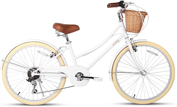 Glerc 20 24 26 Inch Beach Cruiser Bike, 6-Speed Hybrid City Bicycle for Girls Youth and Over 6 Years Old, Missy Bike with Wicker Basket & Lightweight, Multiple Colors