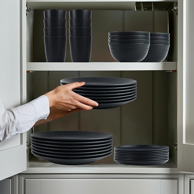 Wrova Wheat Straw Dinnerware Set of 40 Pieces - 10" & 9" Plates, 6" Snack Plates, 26oz & 12oz Bowls & Cups - Unbreakable, Microwave & Dishwasher Safe - Black