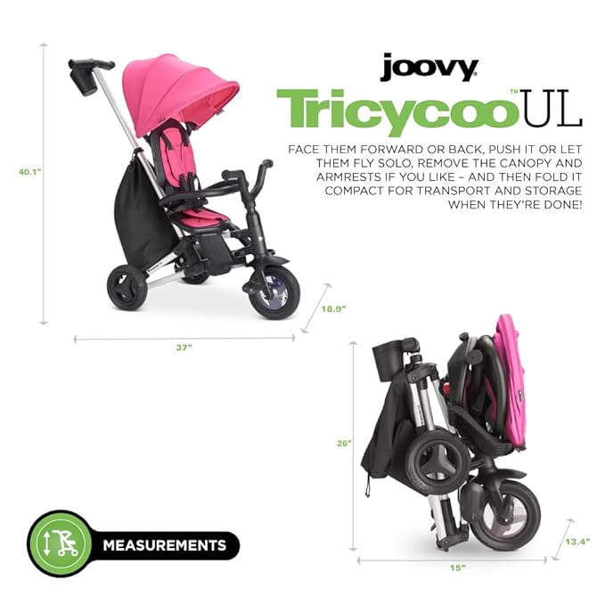 Joovy Tricycoo UL Kids Tricycle with 8 Stages Featuring 3 Rubber Tires, Removable and Adjustable Parent Handle, Safety Harness, 3-Position Recline Seat, and Retractable Canopy, Pink Crush