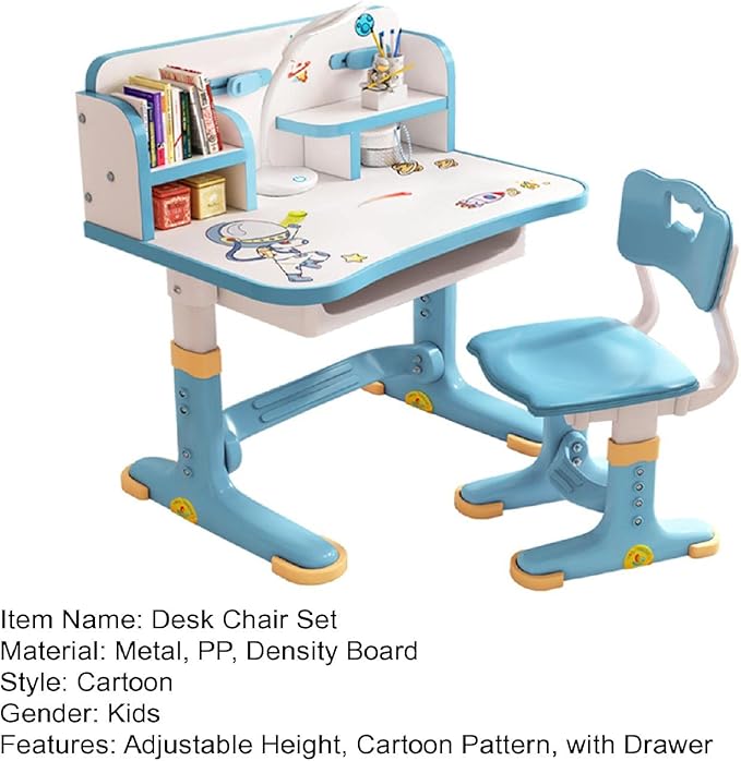 Upgraded Kid's Desk and Chair Set, Adjustable Children's Study Table with Bookshelf and Storage Drawer, 50-Degree Tiltable Desktop with Chair for Bedroom (Blue 101cm)