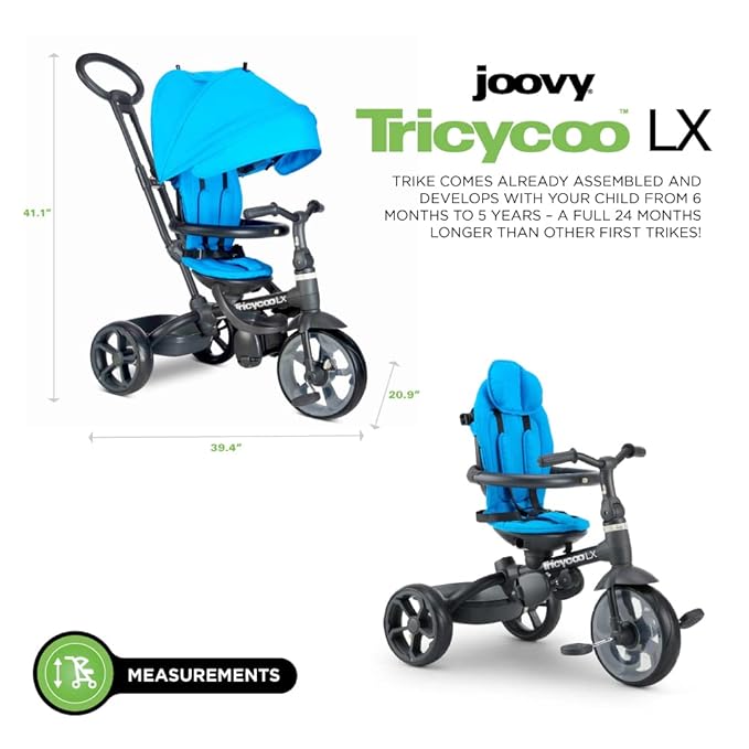 Joovy Tricycoo LX Premium Kids Tricycle with 8 Stages Featuring Chunky Front Tire, Removable and Adjustable Parent Handle, Safety Harness, Machine-Washable Seat Pad, and Retractable Canopy, Glacier