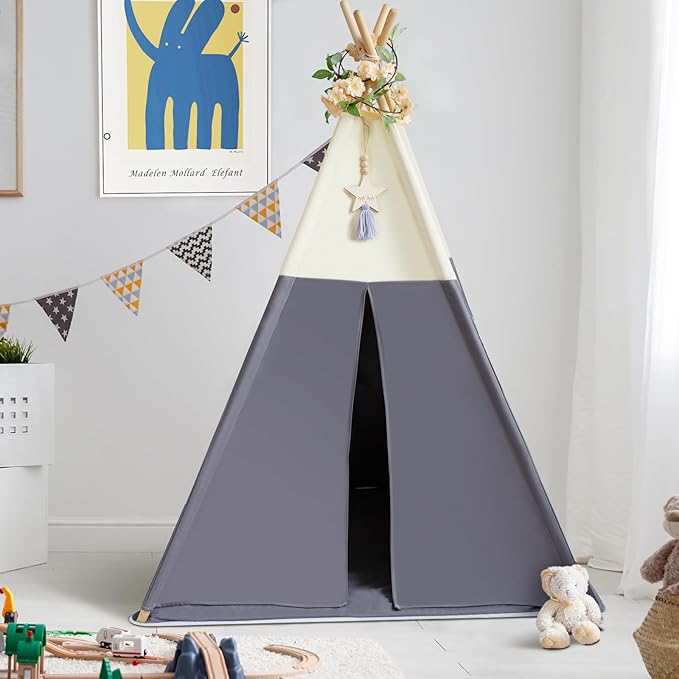 Teepee Tent for Kids, 100% Cotton Play Tent with Mat, Kids Teepee Tent with Colored Flag, Quality Portable Play Tent with Carry Bag for Girls and Boys Indoor Outdoor (Beige Gray with Mat)