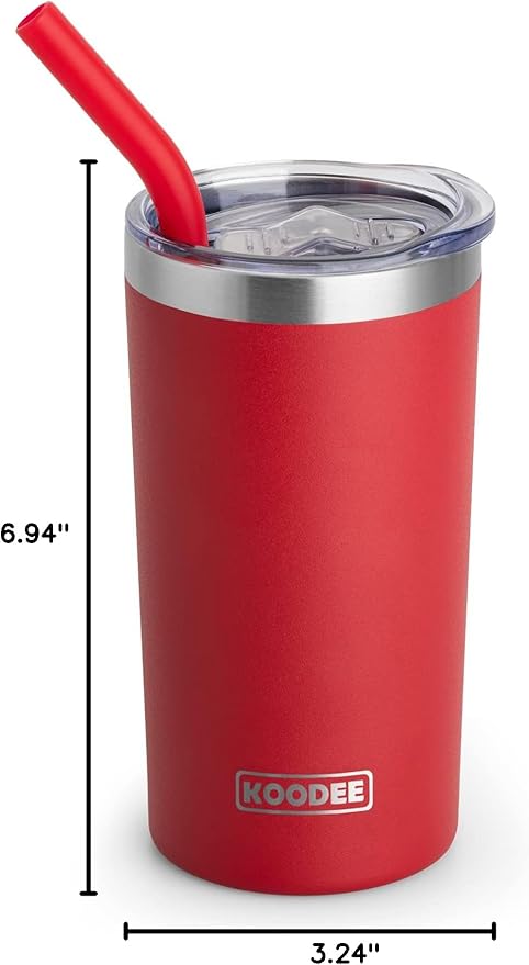 koodee Tumbler with Lid and Straw-12 oz Insulated Coffee Tumbler Cup Stainless Steel Double Wall Skinny Coffee Mug, Sweat-Free (Canyon Red)