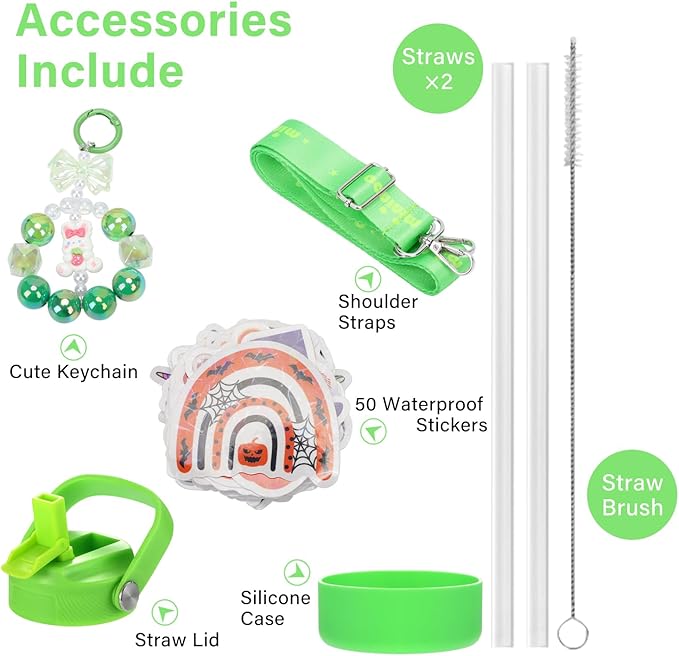 Mininoo Insulated Stainless Steel Kids Water Bottle for School with Straw Lid & Strap, 50 Stickers, 18 oz(Lemon/Green)