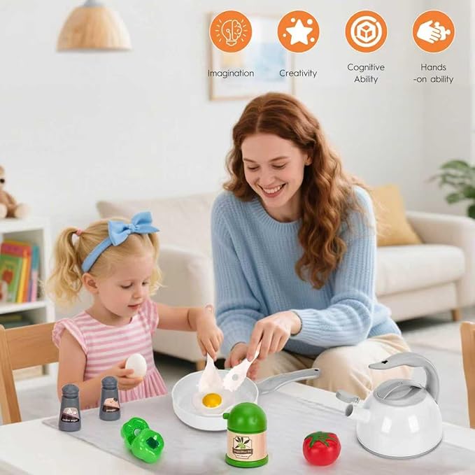90Pcs Kitchen Playset Accessories, Pretend Cooking with Pots, Pans, Cookware, Food, Fruit, Veges, Color Sorting Baskets, Prop Money, Learning Gift for Girls Boys Toddlers (White)