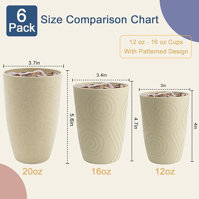 Wheat Straw Cups 20 OZ Large Capacity Set of 6, Unbreakable Drinking Cups Reusable, Alternative to Plastic CupSet, Dishwasher Safe Cups for Kitchen Water Tumblers (Beige)