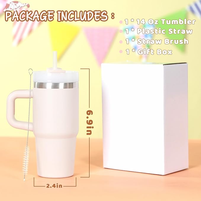 Cosictic 14 Oz Tumbler with Handle and Straw for Kids, Stainless Steel Double Wall Vacuum Insulated Cup for Children, 14 Oz Cups for Kids (Rose Quartz)