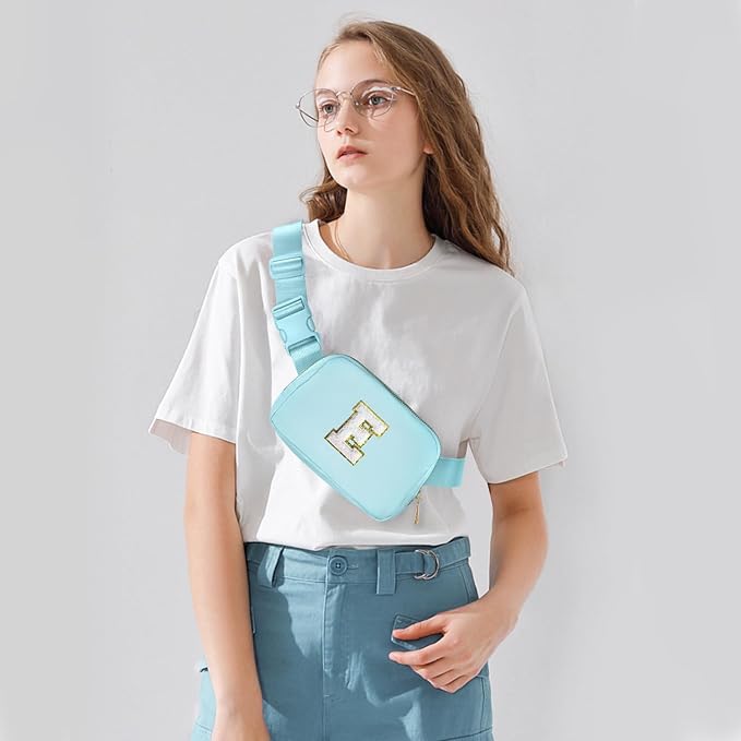 Gitus Birthday Gifts for 8 9 10 11 12 13 Year Old Girls Personalized Fanny Pack Crossbody Bags with Initial Letter Patch Belt Bag for Teen Girls Cute Trendy Stuff Travel Essentials (Icingblue-E)