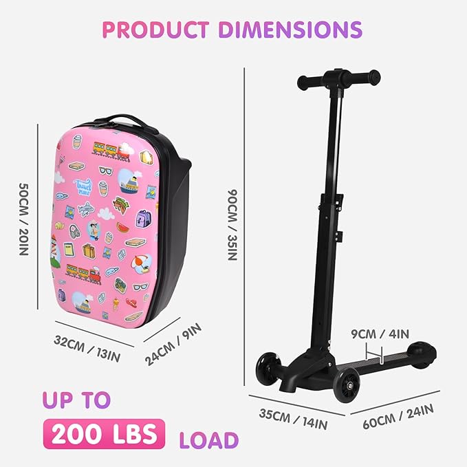 smilesun 4-in-1 Detachable Scooter Luggage for Kids & Teens, Foldable Hardside Ride On Suitcase with Wheels, Stylish and Safe Design(Pink)