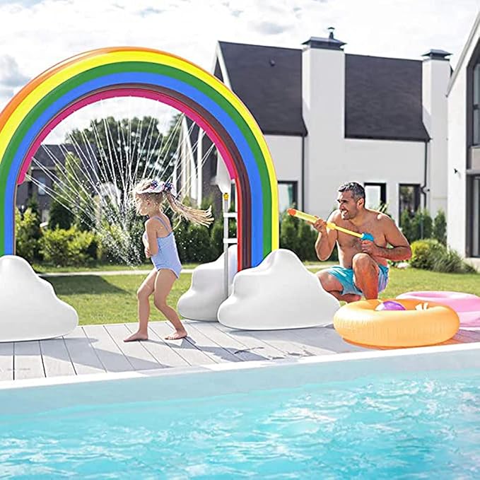 Inflatable Rainbow Cloud Sprinkler Toys, 8 x 5.5 Ft Summer Sprinkler Backyard Water Park Supply for Kids