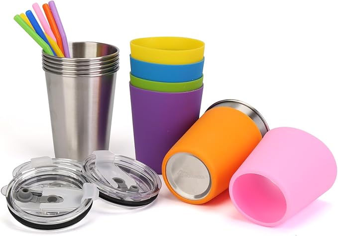 Stainless Steel Cups for Kids, 12oz Kids Cups with Straws and Lids Leak Proof, Unbreakable Toddler Cups with Silicone Sleeves for Hot or Cold Drinks, 6 Count