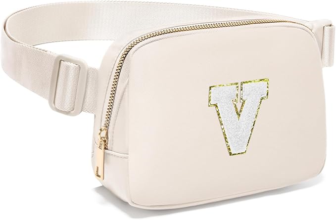 Gitus Birthday Gifts for 8 9 10 11 12 13 Year Old Girls Personalized Fanny Pack Crossbody Bags with Initial Letter Patch Belt Bag for Teen Girls Cute Trendy Stuff Travel Essentials (Ivory-V)
