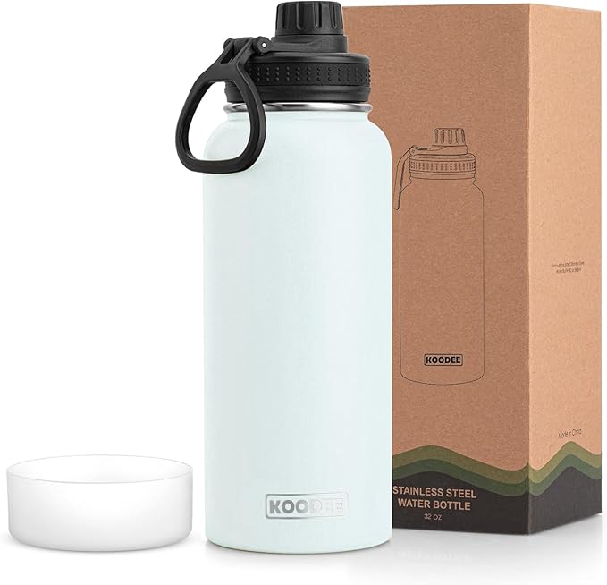 koodee Insulated Water Bottle, 32 oz Stainless Steel Double Wall Vacuum Wide Mouth Sport Bottle with Leakproof Spout Lid (Bby Blue)
