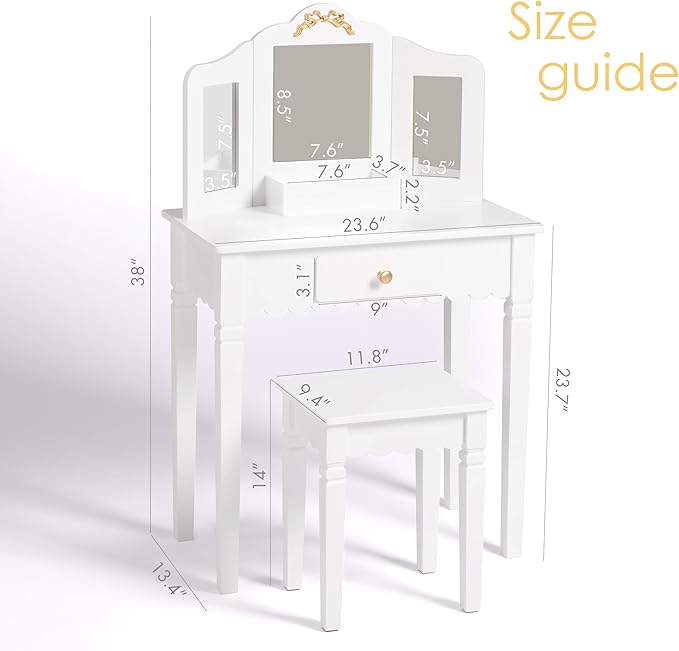 Spirich Pretend Play Kids Vanity Set with Mirror and Stool, Kids Make Up Vanity Desk for Little Girls, Children Makeup Dressing Table with Drawer