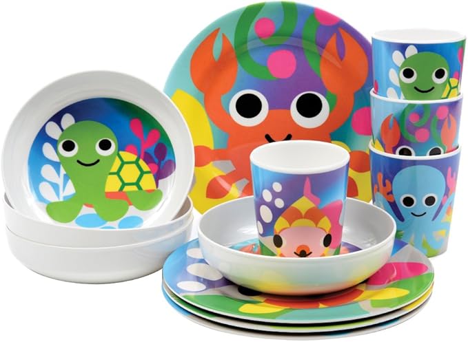 French Bull 4pc Toddler Kids Feeding Melamine Tableware Flatware BPA Free Dishwasher Safe, Durable Plate, Cup, bowl, Divided Tray Dinnerware Set, Ocean, 4pc bowl set (74293)