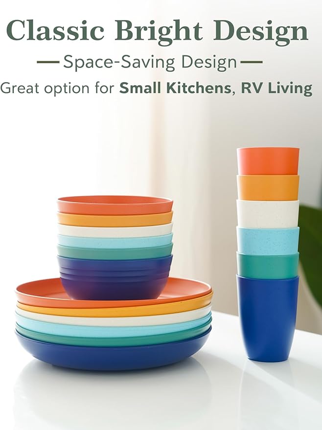 12 OZ Wheat Straw Cups Reusable Drinking Tumblers, Unbreakable Cups for Kitchen - BPA Free, Dishwasher Safe, Set of 6, Multicolor