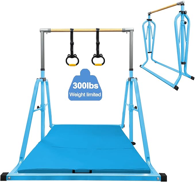 Foldable Gymnastics Kip Bar,Horizontal Bar for Kids,No Wobble Gym Equipment for Home Indoor,3' to 5' Adjustable Height,Gymnasts 1-4 Levels,300 lbs Weight Capacity