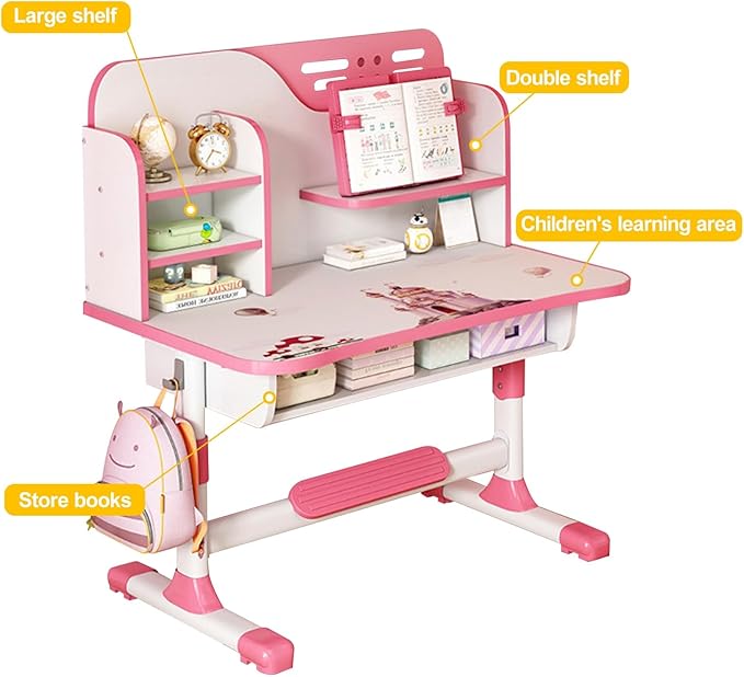 Kids Desk and Chair Set,Height Adjustable School Study Study Table Chair Set with Astronaut Pattern, Ergonomic Desk Chair with Large Writing Board, Bookshelf and Drawer Pink