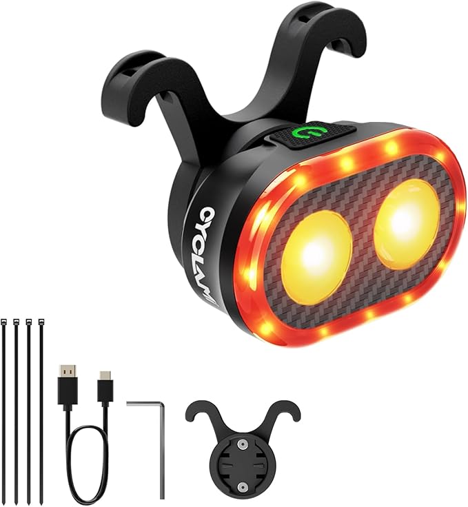 Bike Tail Light, Smart Brake Sensing Bicycle Rear, Main + Sub Light Auto On/Off, 4 x 5 Modes, Ultra Bright LED Back Lights, IPX6 Waterproof, USB Rechargeable, Cycling Safety Accessories