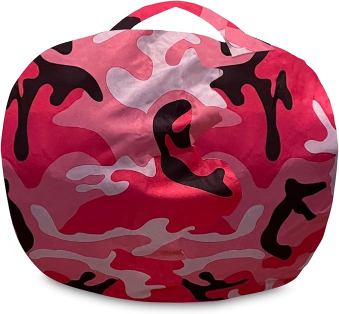 Posh Creations Kids Stuffed Animal Storage Bean Bag Chair Cover - Childrens Toy Organizer, Medium-27in, Nylon Camo Pink and Black
