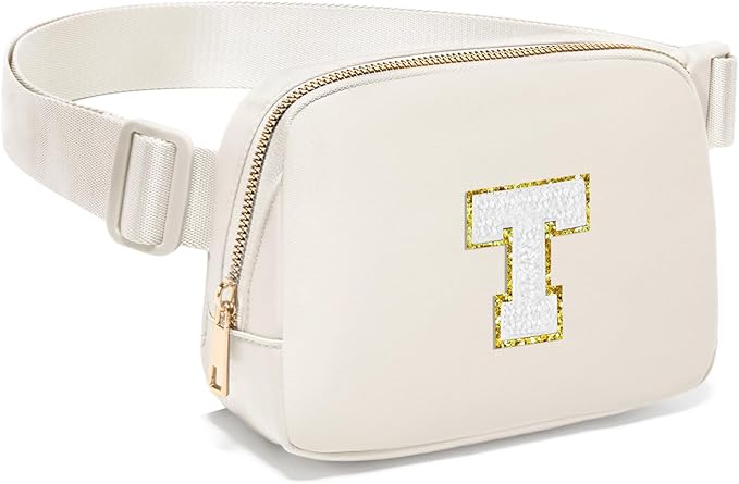 Gitus Birthday Gifts for 8 9 10 11 12 13 Year Old Girls Personalized Fanny Pack Crossbody Bags with Initial Letter Patch Belt Bag for Teen Girls Cute Trendy Stuff Travel Essentials (Ivory-T)