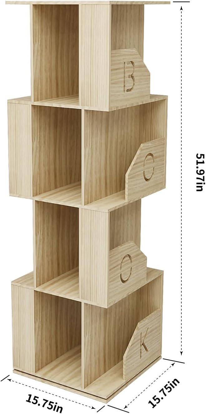 4 Tier Kids Rotating Bookshelf, Premium Pine Wood Space Saving Bookshelf Holds 100+ Books, 360° Spinning, Great for Larger Reads in Kids’ Room, Living Room & Office, Easy to Assemble