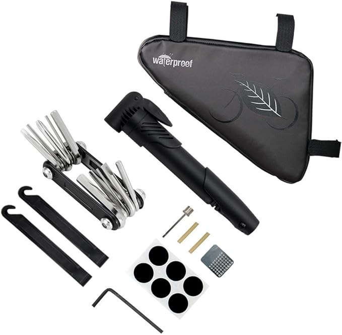 WOTOW Bike Tire Repair Tool Kit, Waterproof Frame Storage Bag & Mini Bike Pump & 16 in 1 Multitool & Bicycle Tyre Lever Patch Portable Repair Tool Accessories Set for Road Mountain BMX Cycling