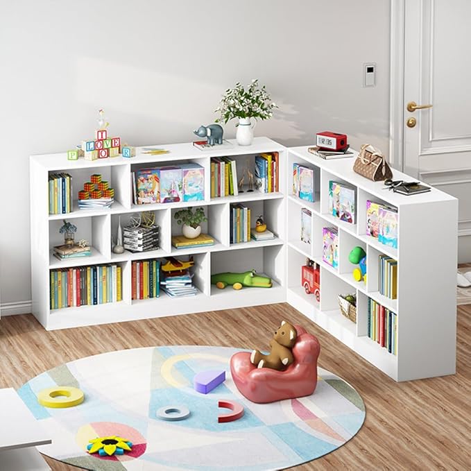 IOTXY Open Shelf Low Bookcase - Wooden 3-Tier Floor Standing Display Cabinet Organizer with Base, 7 Cubes Short Horizontal Bookshelf in Warm White