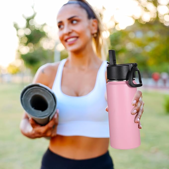 Volhoply 16 OZ Kids Water Bottle Bulk 8 Pack,Insulated Sports Bottles with Straw Lid,Stainless Steel Bottle with Handle Keep Cold & Hot,Double Wall Vacuum Tumbler Cups for School,Girls(Pink, 8)