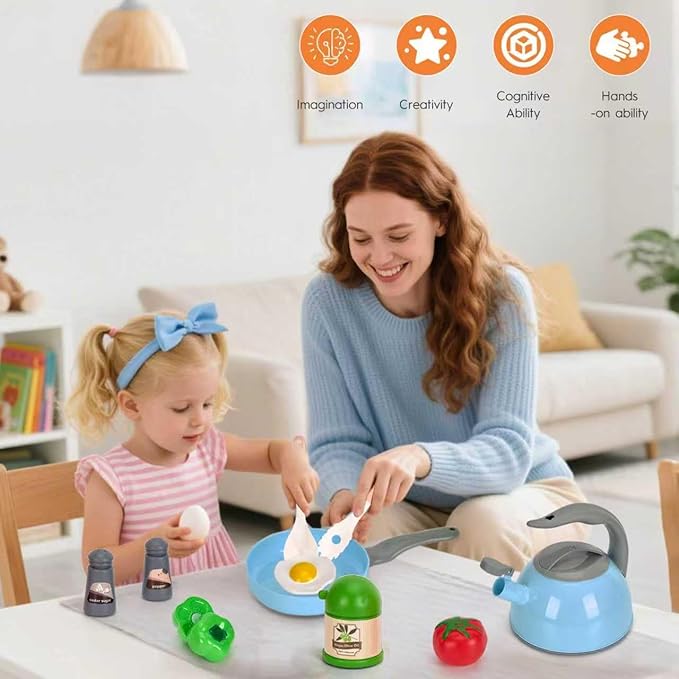 90Pcs Kitchen Playset Accessories, Pretend Cooking with Pots, Pans, Cookware, Food, Fruit, Veges, Color Sorting Baskets, Prop Money, Learning Gift for Girls Boys Toddlers (Blue)