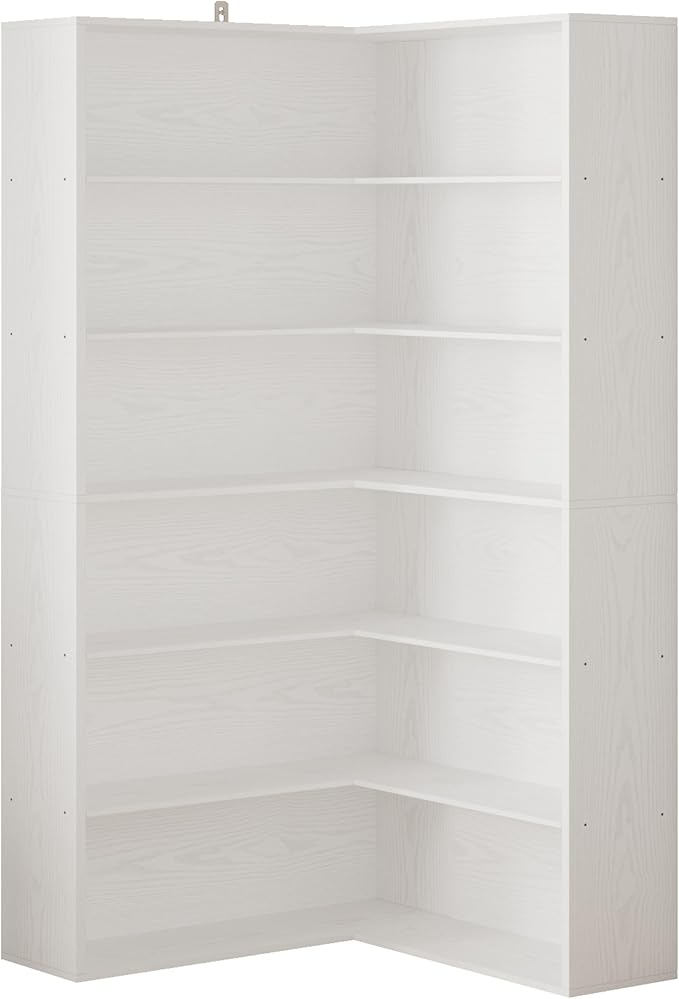 ANCTOR Corner Bookshelf, 6 Tiers Corner Bookcases with Baffles Etagere Shelf Storage Rack for Living Room Home Office, White