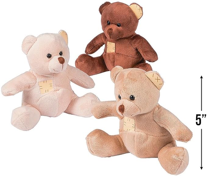 Fun Express - Suede-Like Patchwork Plush Bears - Toys - Plush - Bean Bag Animals - 12 Pieces