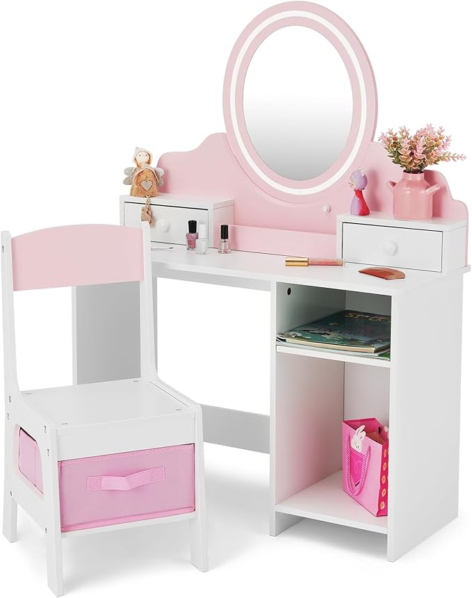 JOYLDIAS Kids Vanity with Lights, Pink Girls Makeup Vanity with 2 Drawer, Storage Cabinet & Shelves, 2 in 1 Toddler Vanity Table and Chair Set, Dressing Table for Kids 3+