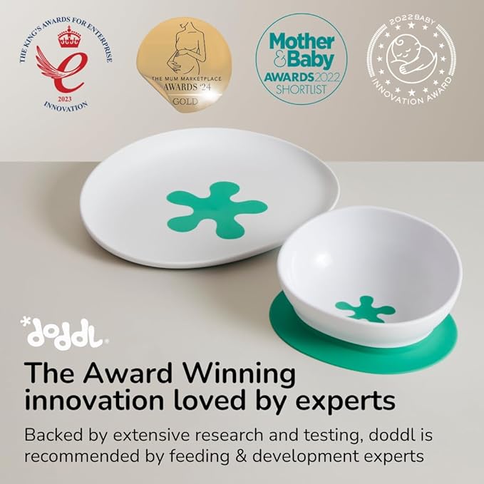 doddl Toddler Plate, Baby-Led Weaning Plate with Non-Slip Base, Child Self-Feeding, Baby Feeding Essentials, Dishwasher-Safe, BPA-Free (Aqua (Twin Pack))