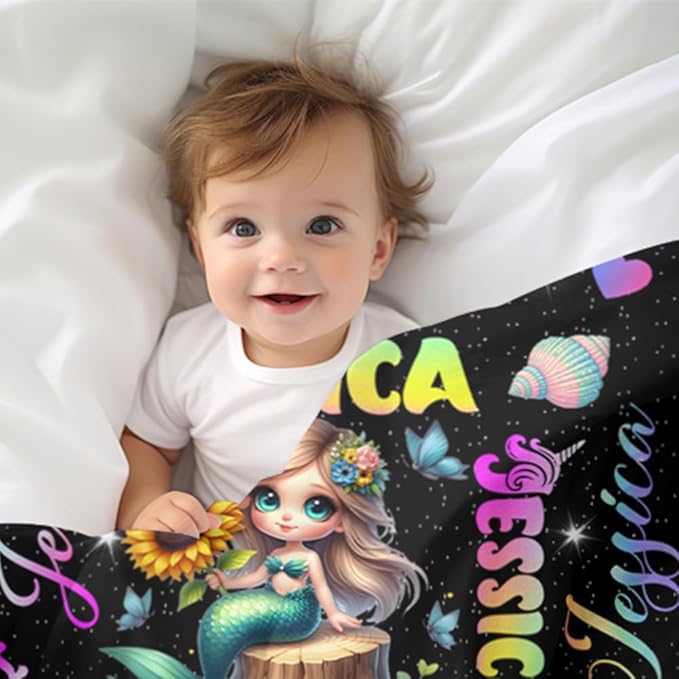Custom Girl Blanket with Name Personalized Cute Mermaid Blanket for Newborn Customized Soft Flannel Throw Blanket Memorial Gift for Toddler on Birthday Baby Shower Christmas