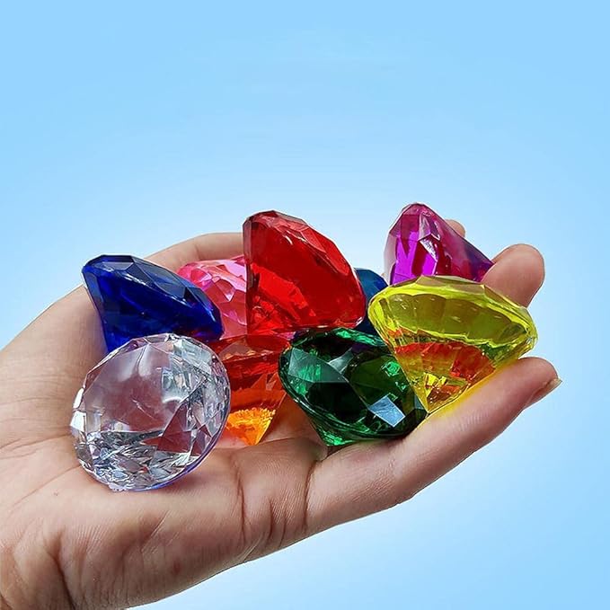 10pcs Set, Large Colored Acrylic Gems with Pirate Treasure Chest, Sinkable Pool Toys for Kids, Underwater Swimming Toys for Party Decorations (Large clip 1)