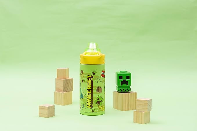 Zak Designs Minecraft Sage Kids Water Bottle For School or Travel, 14oz Stainless Steel Water Bottle With Straw, Handle, and Leak-Proof, Pop-Up Spout Cover (Creeper)