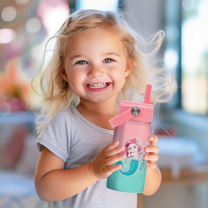 Mermaid Water Bottle for Girls - Kids Water Bottle with Straw Lid - 12 Oz Insulated Stainless Steel Water Bottles - Travel Cup for School Sports