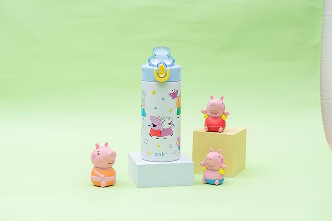 Zak Designs Peppa Pig Sage Kids Water Bottle For School or Travel, 14oz Stainless Steel Water Bottle With Straw, Handle, and Leak-Proof, Pop-Up Spout Cover (Peppa & Friends)