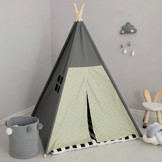 Teepee Tent for Kids Stripe Padded Mat Foldable Dark Tone Grey Play Tents for Girl and Boy with Carry Case Wooden Pole Printing Canvas Tepee Playhouse for Child Indoor Outdoor