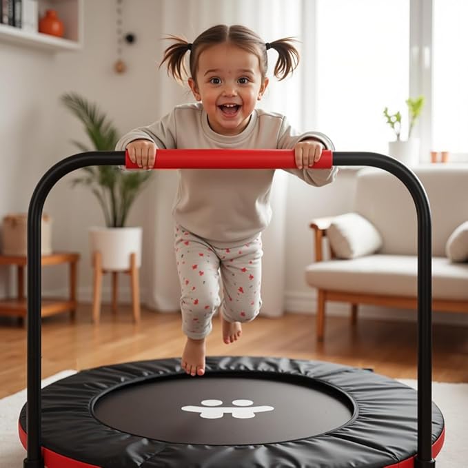 Happin® 36" Mini Foldable Toddler Trampoline for Kids with Height-Adjustable Handle, Noise-Free Kids Trampoline Indoor with Super Safety Pad & Durable Steel Frame, Indoor/Outdoor