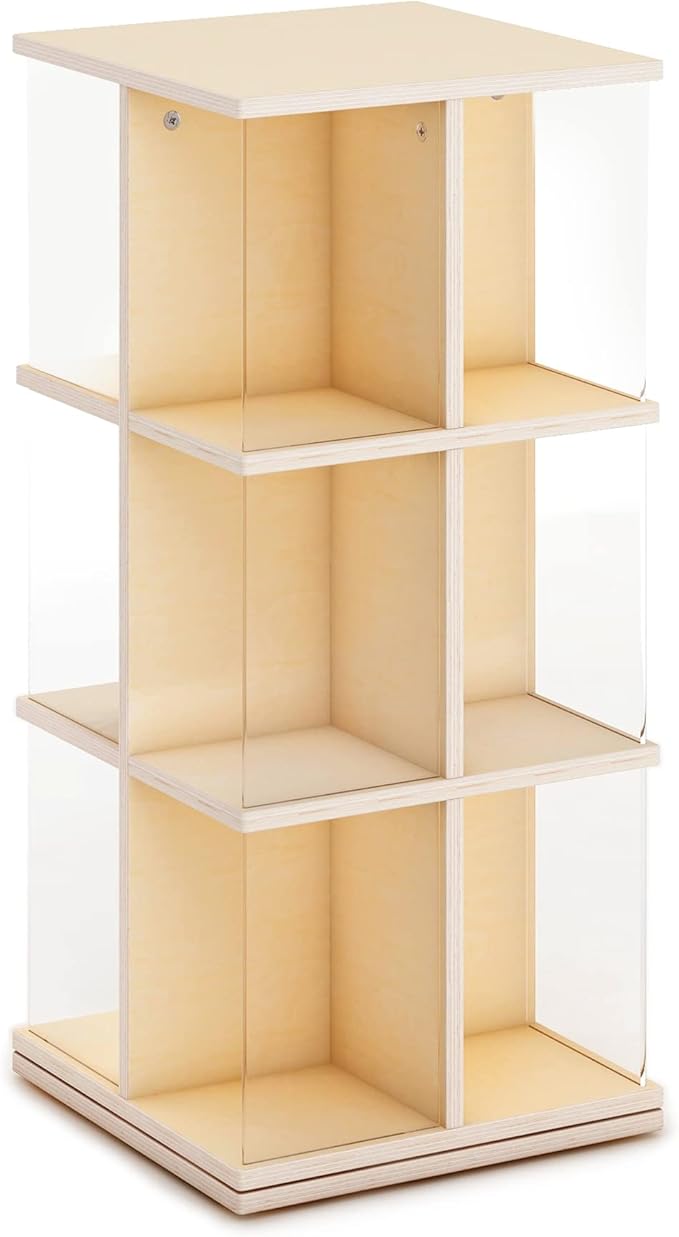 Guidecraft EdQ Kids Rotating Bookshelf: Natural Wood Revolving Bookcase - 360 Degree Spinning Book Shelf Tower with Acrylic Montessori Storage for Classroom, Bedroom and Playroom | Toy Organizer