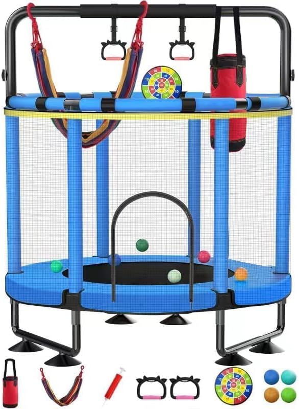 Trampoline for Kids, Upgrade Full Anti-Rust 440lbs Indoor Outdoor Toddler Trampoline with Net, 55" Adjustable Baby Toddler Trampolines Accessories with 8 Toys Dart Board