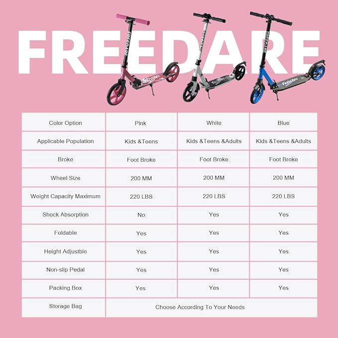 FREEDARE Kick Scooter for Kids & Adults Ages 8+, Foldable Teen Scooter with 2 Big 8-inch Wheels and 4-Level Adjustable Handlebar, Max Load 220 LBS