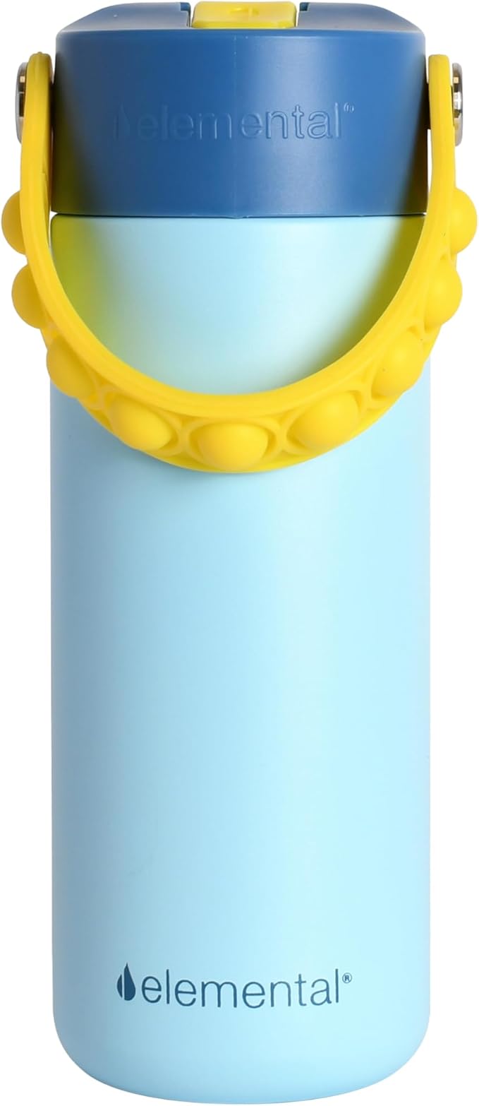 Elemental Insulated Kids Water Bottle, Stainless Steel Water Bottle with Straw Lid & Pop-It Handle, Leak-Proof Water Bottles for School, Boys or Girls, Travelling and Sports, 18oz - Sunny Sky