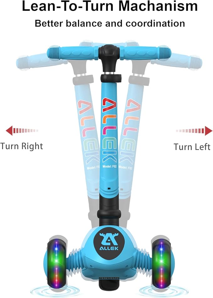 Allek Kick Scooter Foldable F02, 3-Wheel LED Flashing Glider and 4 Adjustable Height with Anti-Slip Thick Deck Push Scooter for Children 3-12yrs
