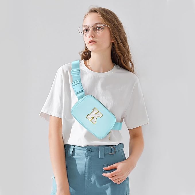 Gitus Birthday Gifts for 8 9 10 11 12 13 Year Old Girls Personalized Fanny Pack Crossbody Bags with Initial Letter Patch Belt Bag for Teen Girls Cute Trendy Stuff Travel Essentials (Icingblue-K)