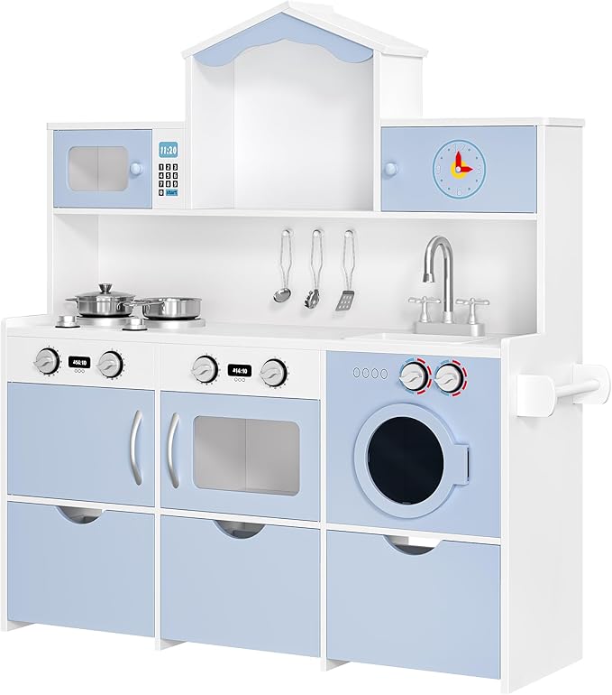 Keyluv Wooden Play Kitchen for Kids and Toddler, Montessori Toy Kitchen Playset with Plenty of Pretend Play Features and Storage Drawers, Gift for Boys and Girls, Blue